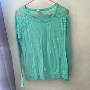 PINK Victoria's Secret Green Long Sleeve Blouse with Lace Accents